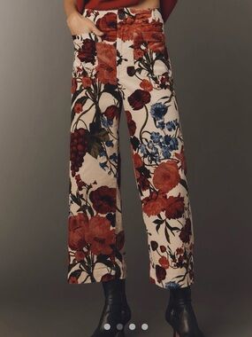 Anthropologie Cream Wide-Leg Corduroy Pants with Red & Blue Floral Print